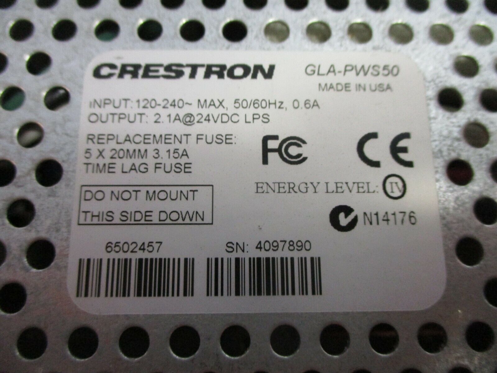 Crestron Power Supply GLA-PWS50 Output: 2.1A@24VDC LPS Used