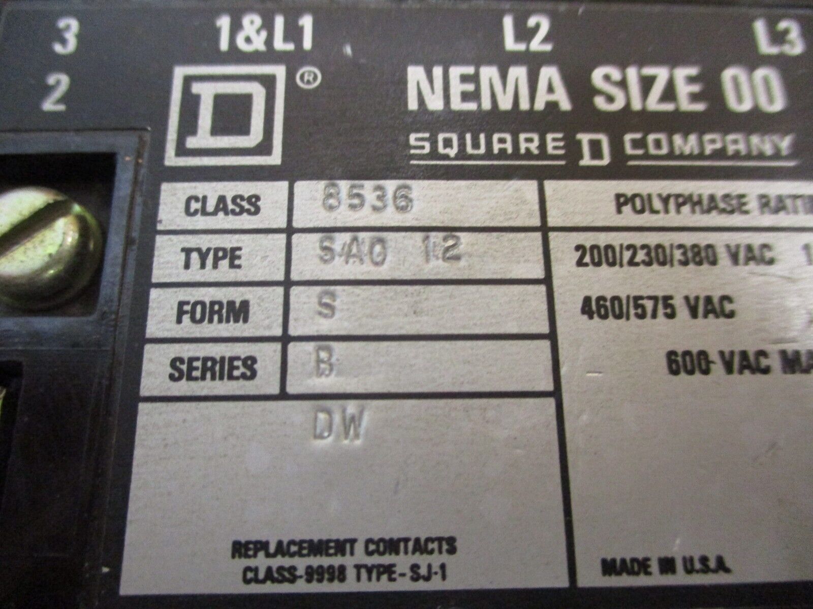 Square D Size 00 Starter 8536 SA0 12 120V Coil Used