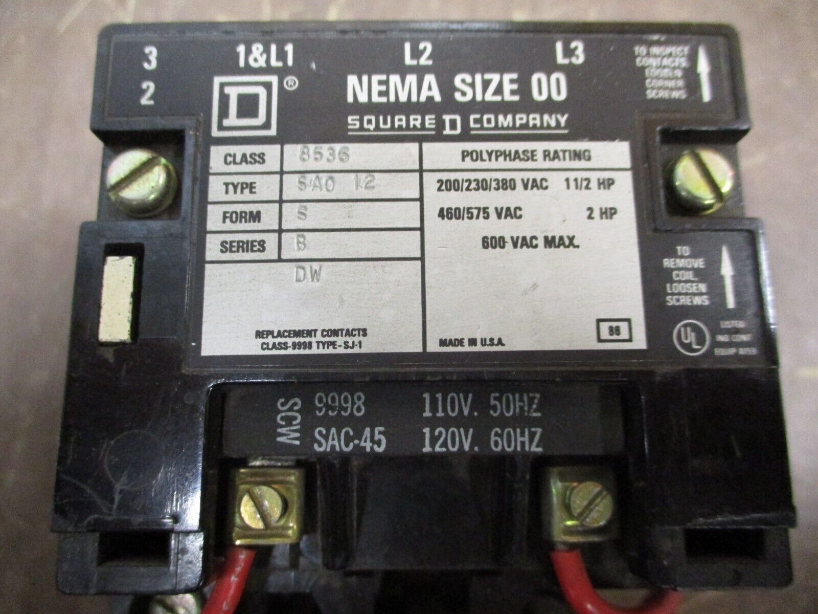 Square D Size 00 Starter 8536 SA0 12 120V Coil Used