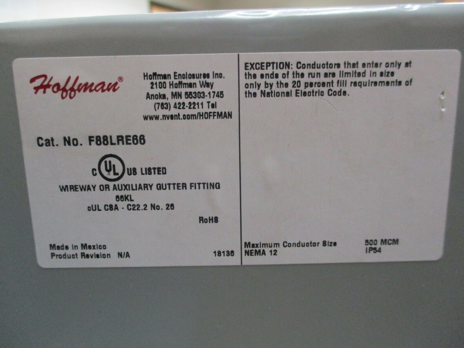 Hoffman Wireway Fitting F88LRE66 Size: 8" to 6" *No Box* New Surplus