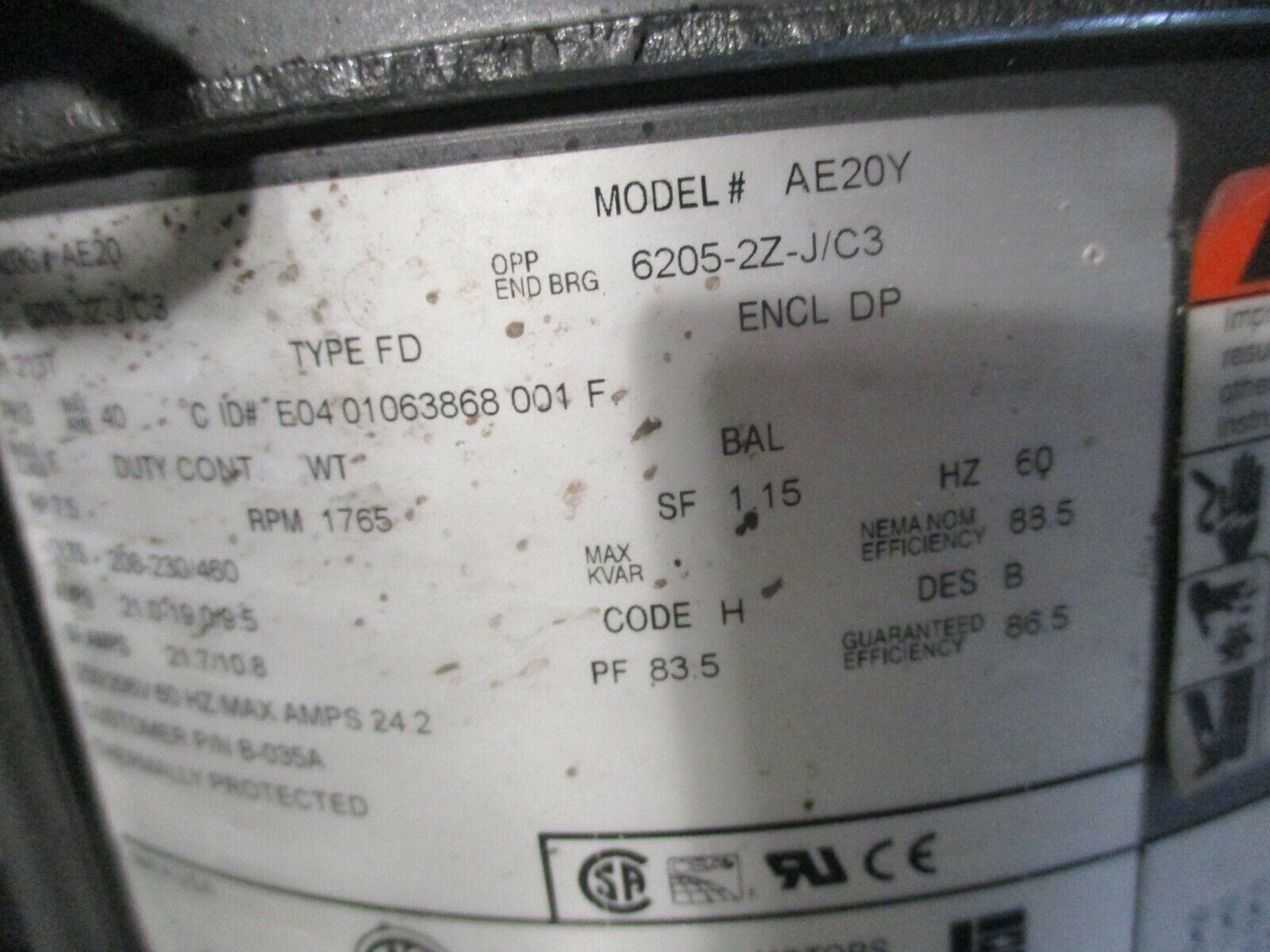 Emerson AE20 AC Motor AE20Y 7.5HP 1800RPM 208-230/460V 3Ph 60Hz DP Enclosure