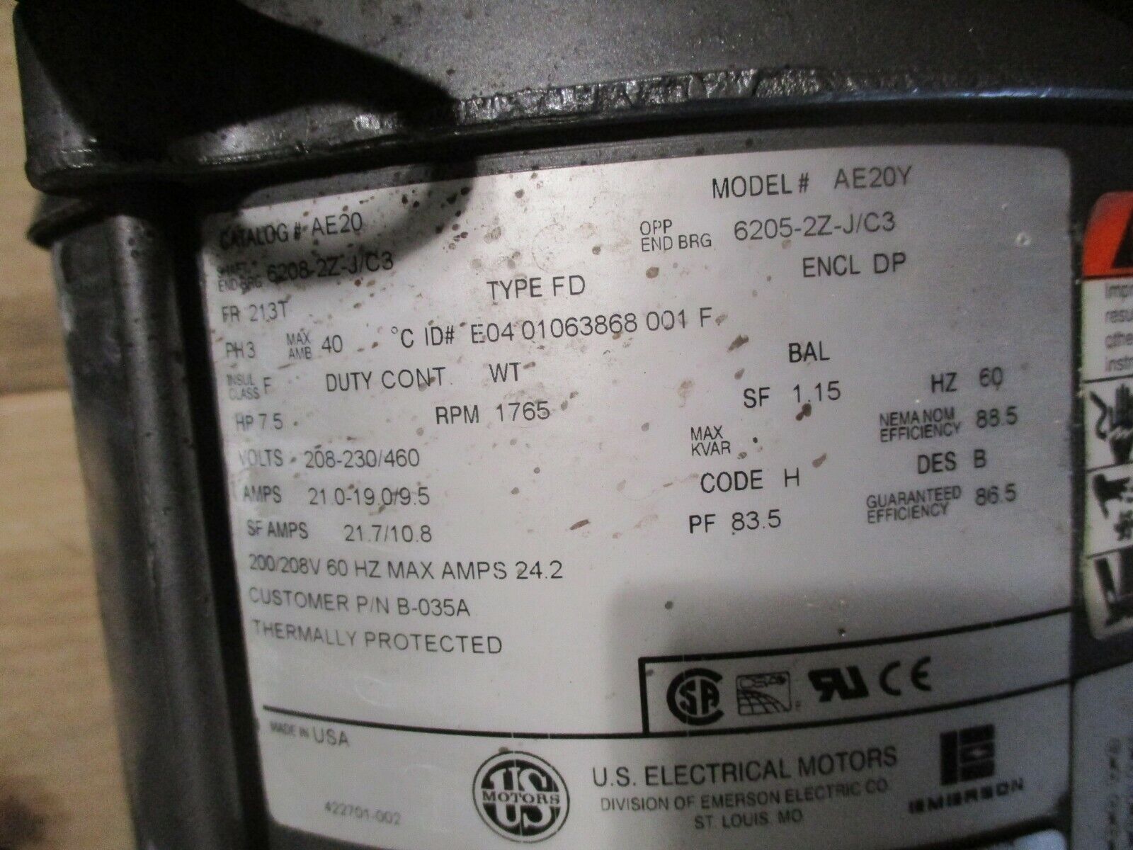 Emerson AE20 AC Motor AE20Y 7.5HP 1800RPM 208-230/460V 3Ph 60Hz DP Enclosure