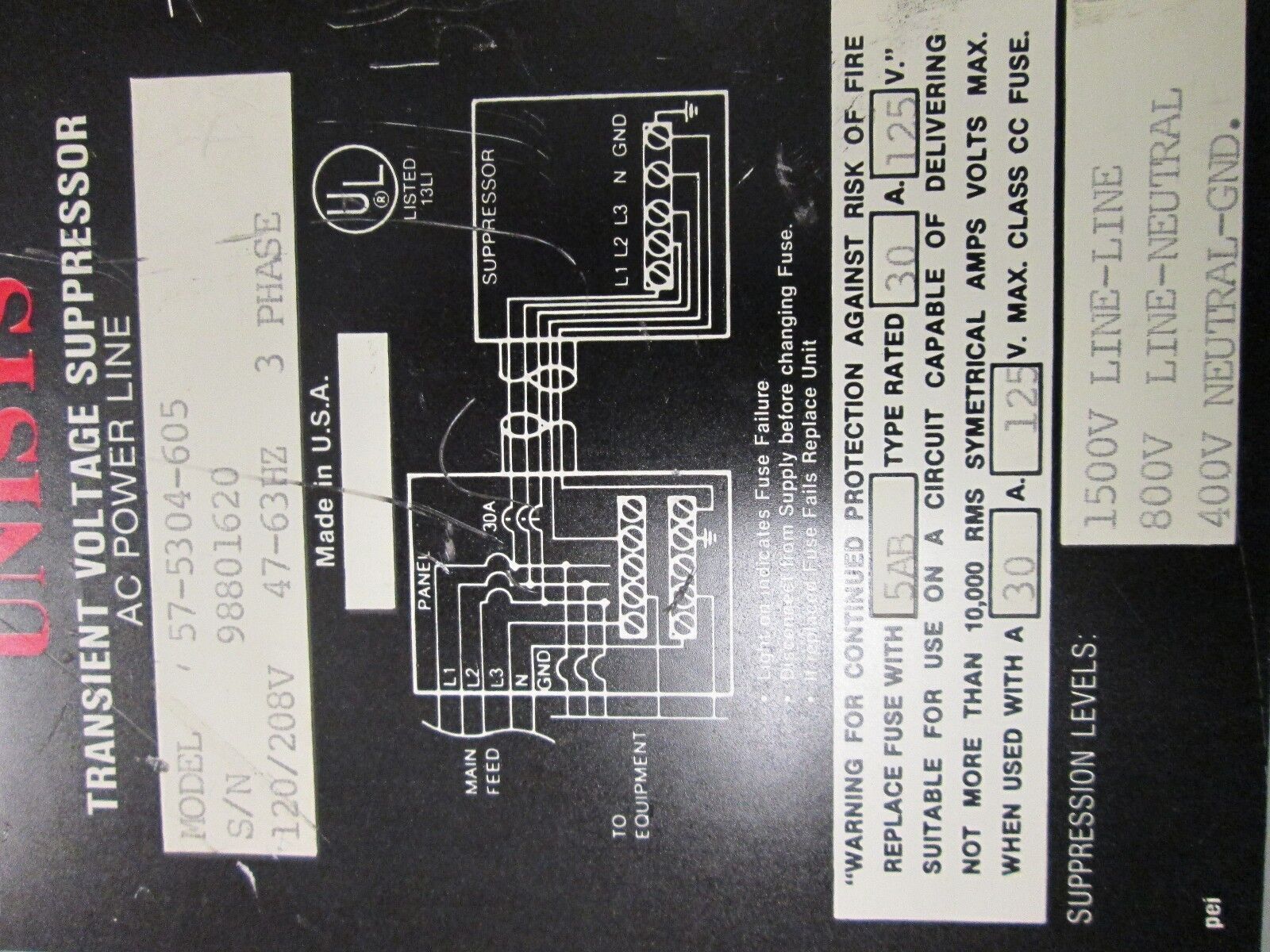 UNISYS Transient voltage suppressor 57-5304-605 120/208V 30A 3Ph Used