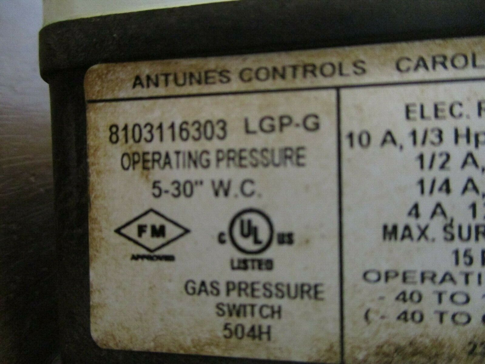 Antunes Controls Gas Pressure Switch 8103116303 5-30" W.C. 40-140°F 125/250V