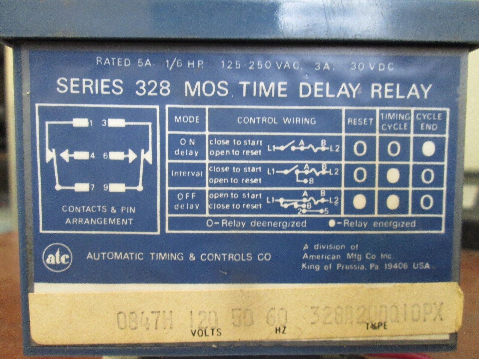 ATC 328 MOS Time Delay Relay 328A200Q10PX Rated 5A 1/6HP 125-250VAC Used
