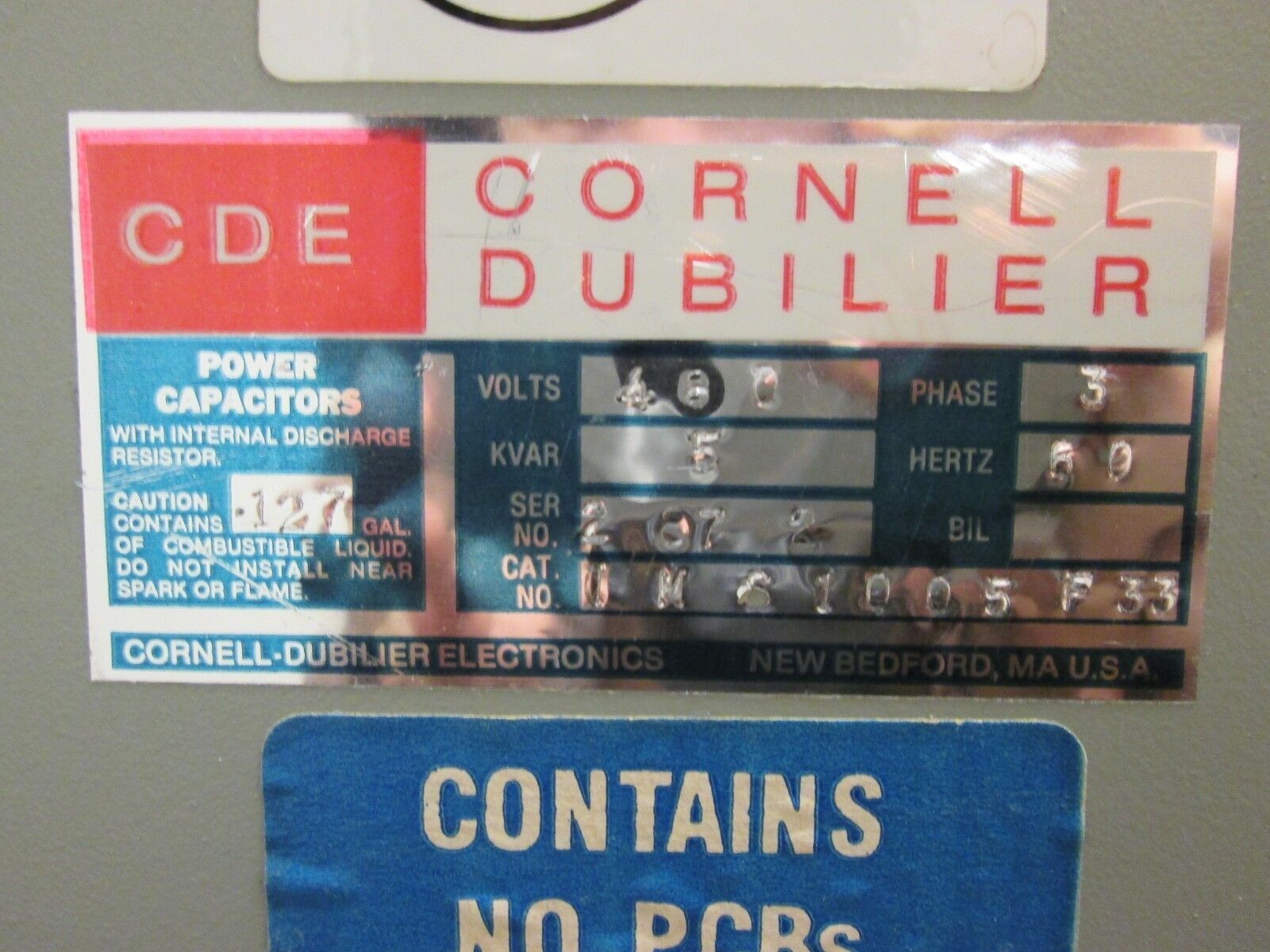 CDE / Cornell Dubilier Power Capacitor IMS1005F33 5KVAR 480V 3Ph 60Hz Used