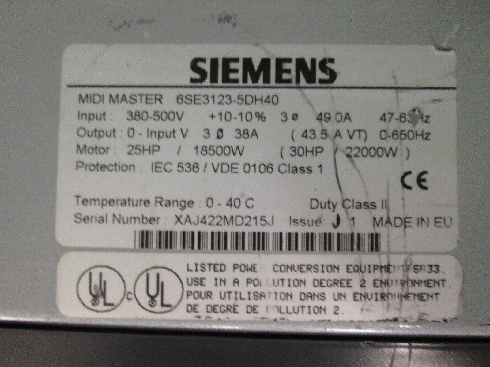 Siemens AC Drive 6SE3123-5DH40 25HP Used
