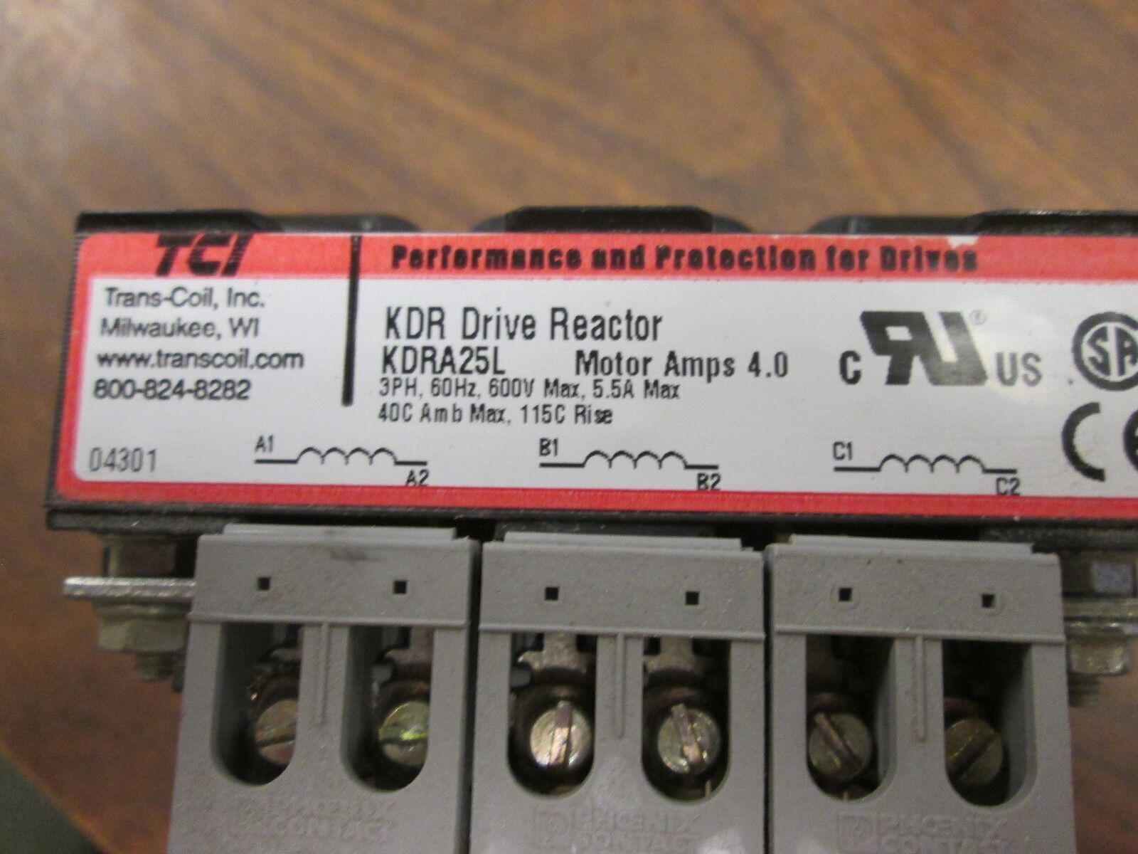 TCI KDR Drive Reactor KDRA25L Motor: 4A 3Ph 60Hz 600V Used