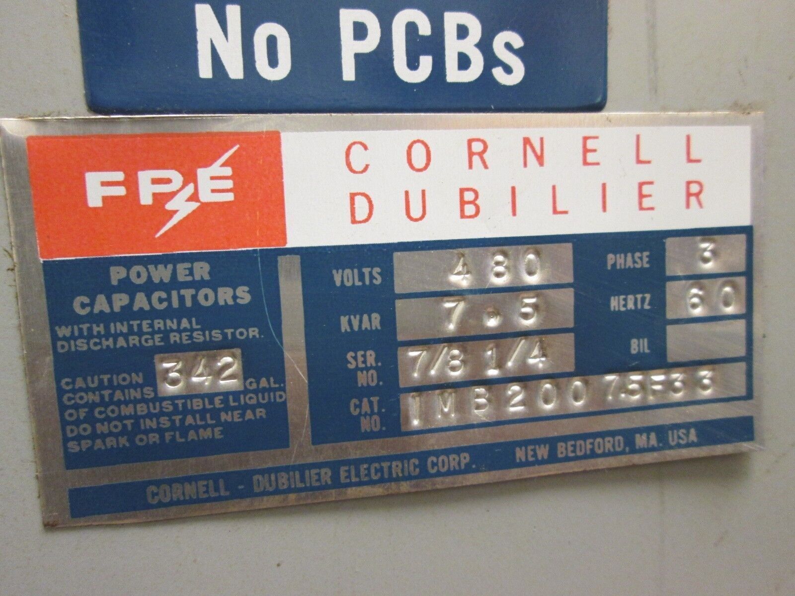 FPE / Cornell Dubilier Power Capacitor IMB2007.5F33 7.5KVAR 480V 3Ph 60Hz Used