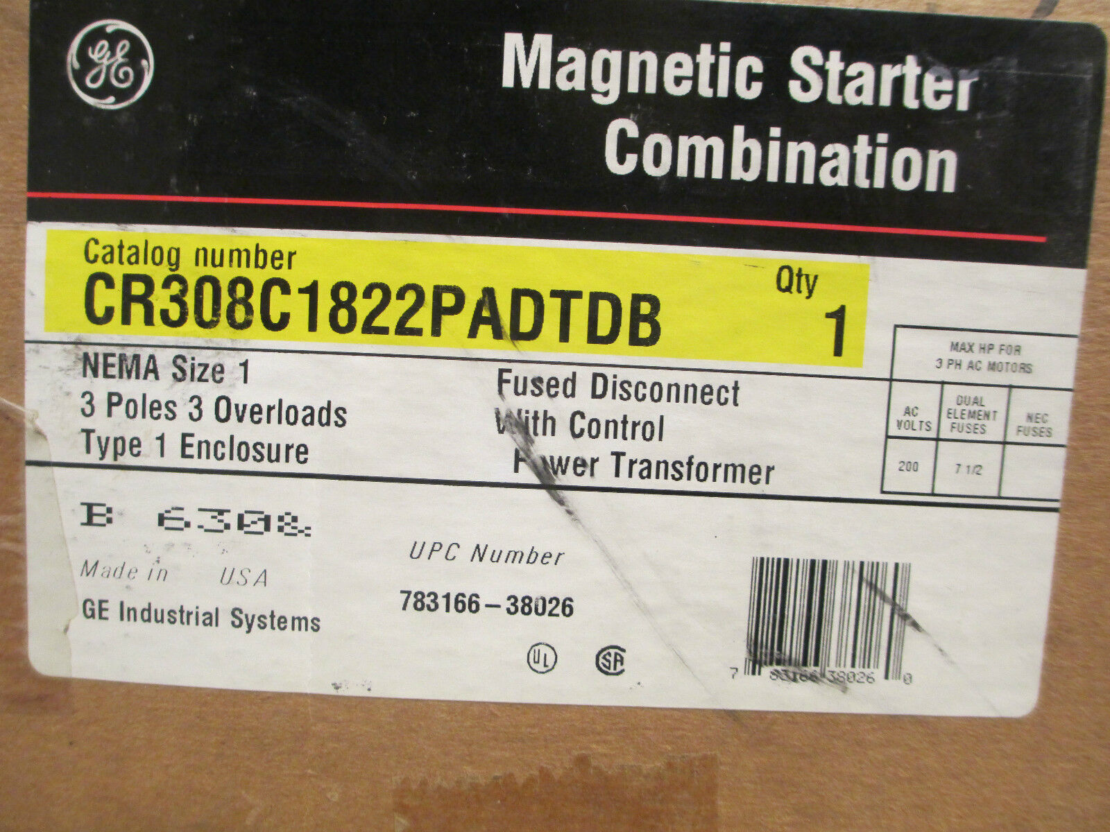 GE Combination CR308C1822PADTDB, Size 1 Fusible 3P, New Surplus