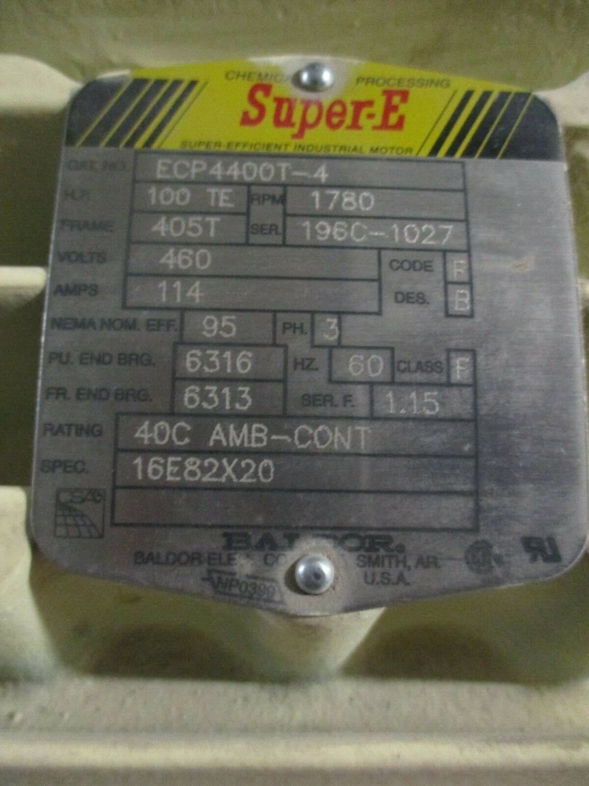 Baldor Super-E Chemical Processing AC Motor ECP4400T-4 100HP 1800RPM 460V Used