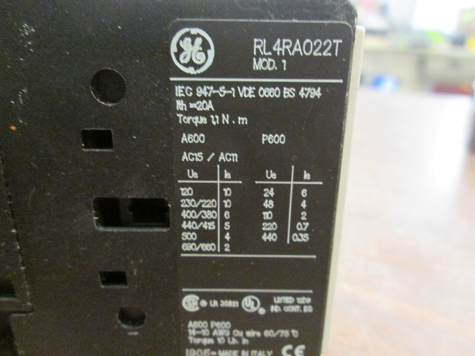 GE Contactor RL4RA022T 120V Coil 20A w/ Surge Suppressor Block Used