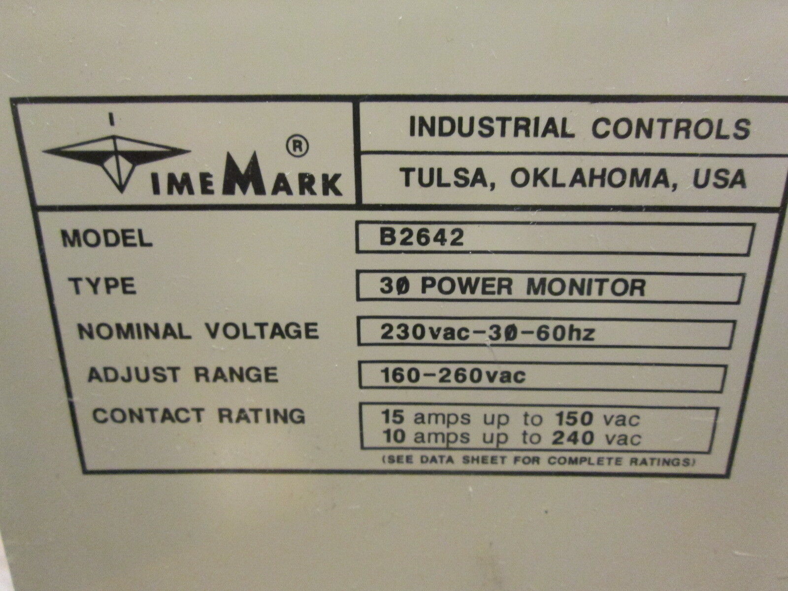 TimeMark 3Ph Power Monitor B2642 230V 60Hz Range: 160-260VAC Used