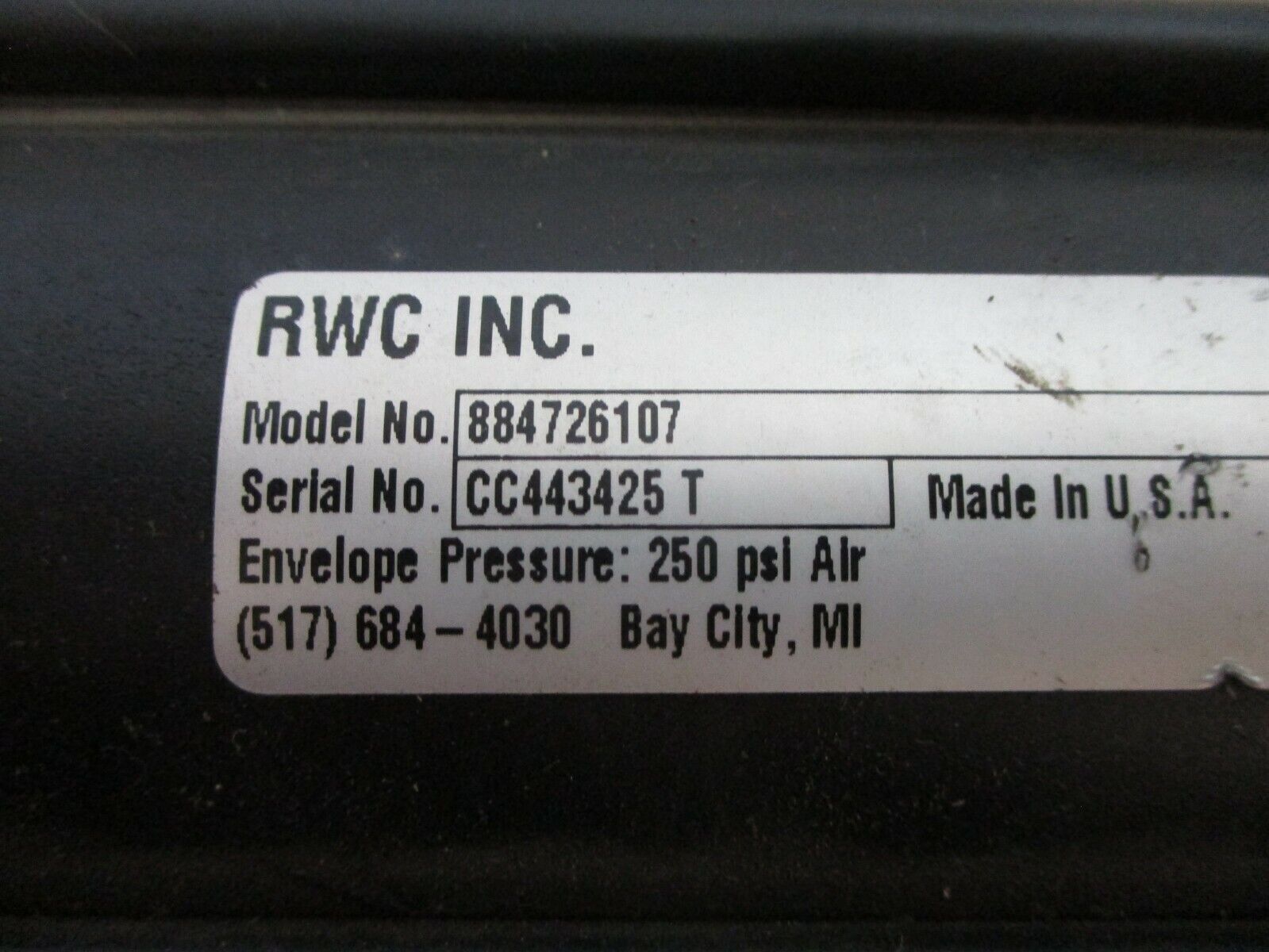 RWC Air Cylinder 884726107 250 PSI Used
