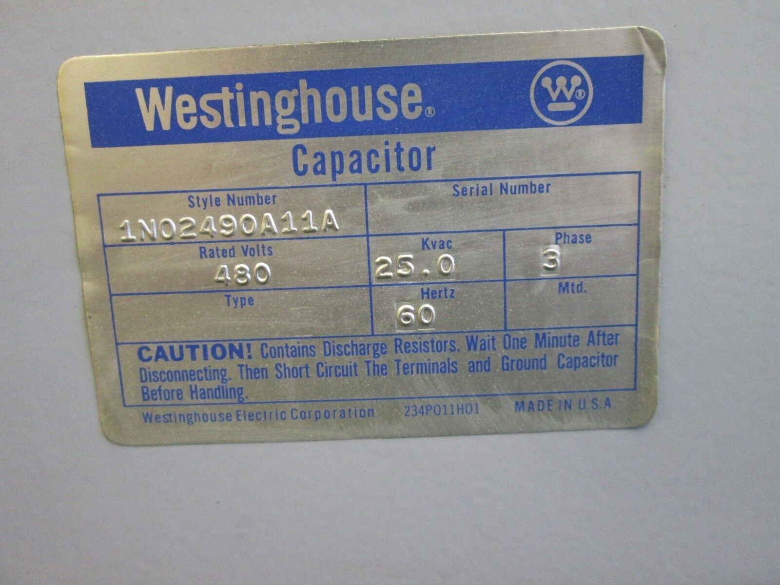 Westinghouse Capacitor 1N02490A11A 25KVAR 480V 3Ph Used