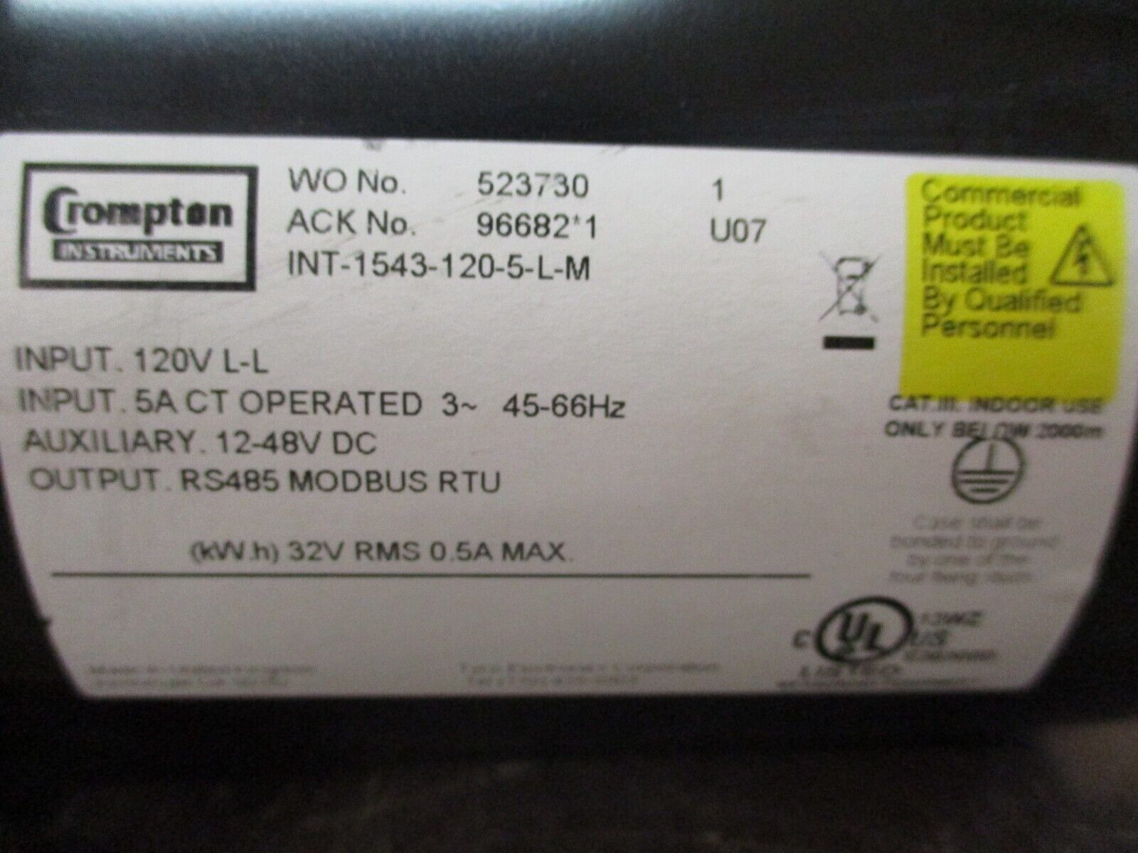 Crompton Integra 1540 Digital Meter INT-1543-120-5-L-M Aux: 12-48VDC Used