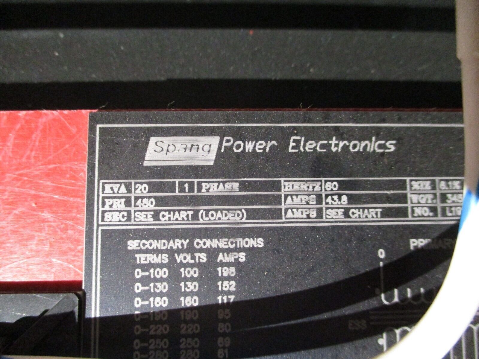 Spang Transformer w/ Breaker Disconnect L19141 20kVA 1Ph Pri: 480V Sec: 130/220V
