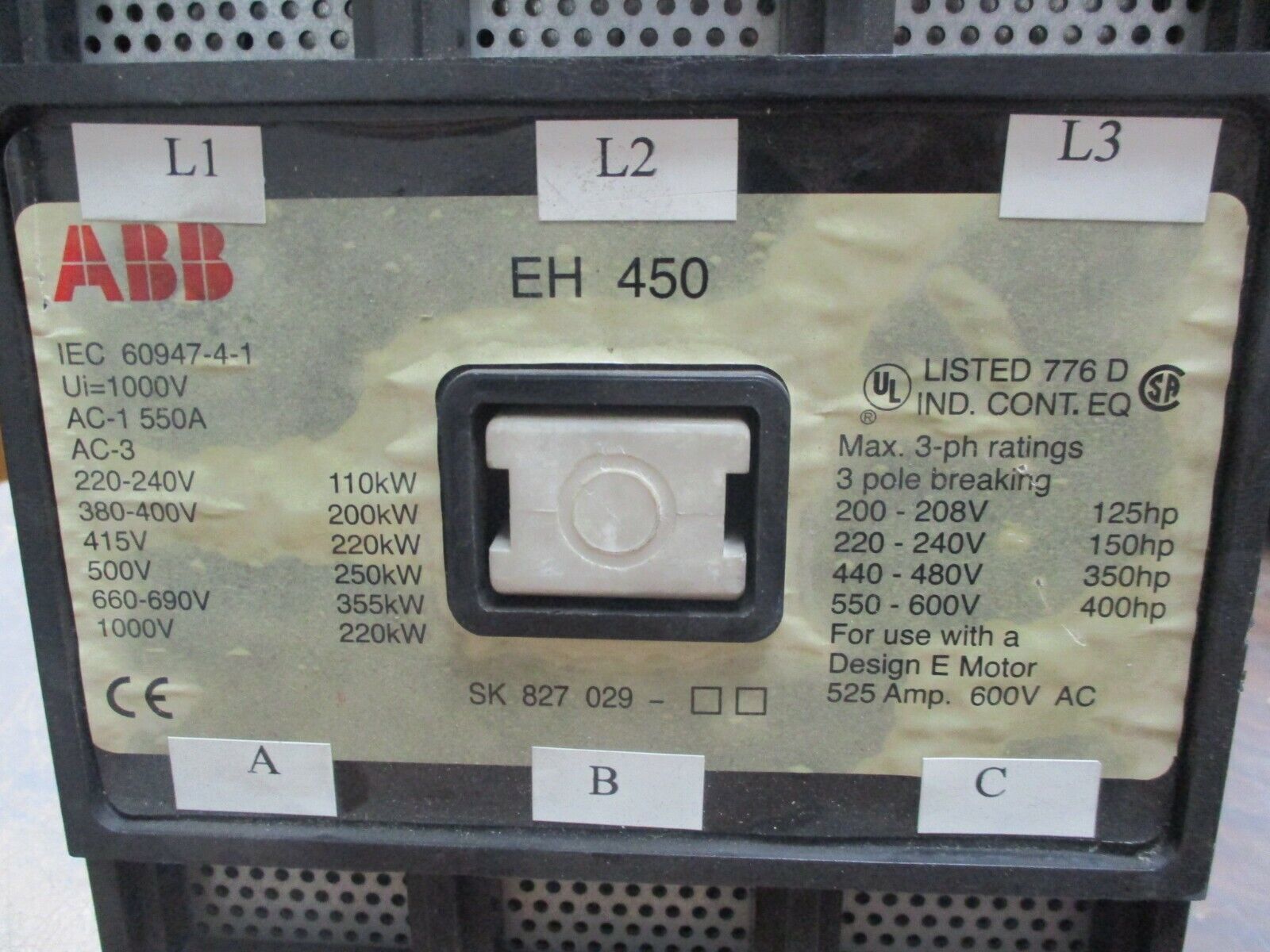 ABB Contactor EH 450 525A 600V *No Coil* Used