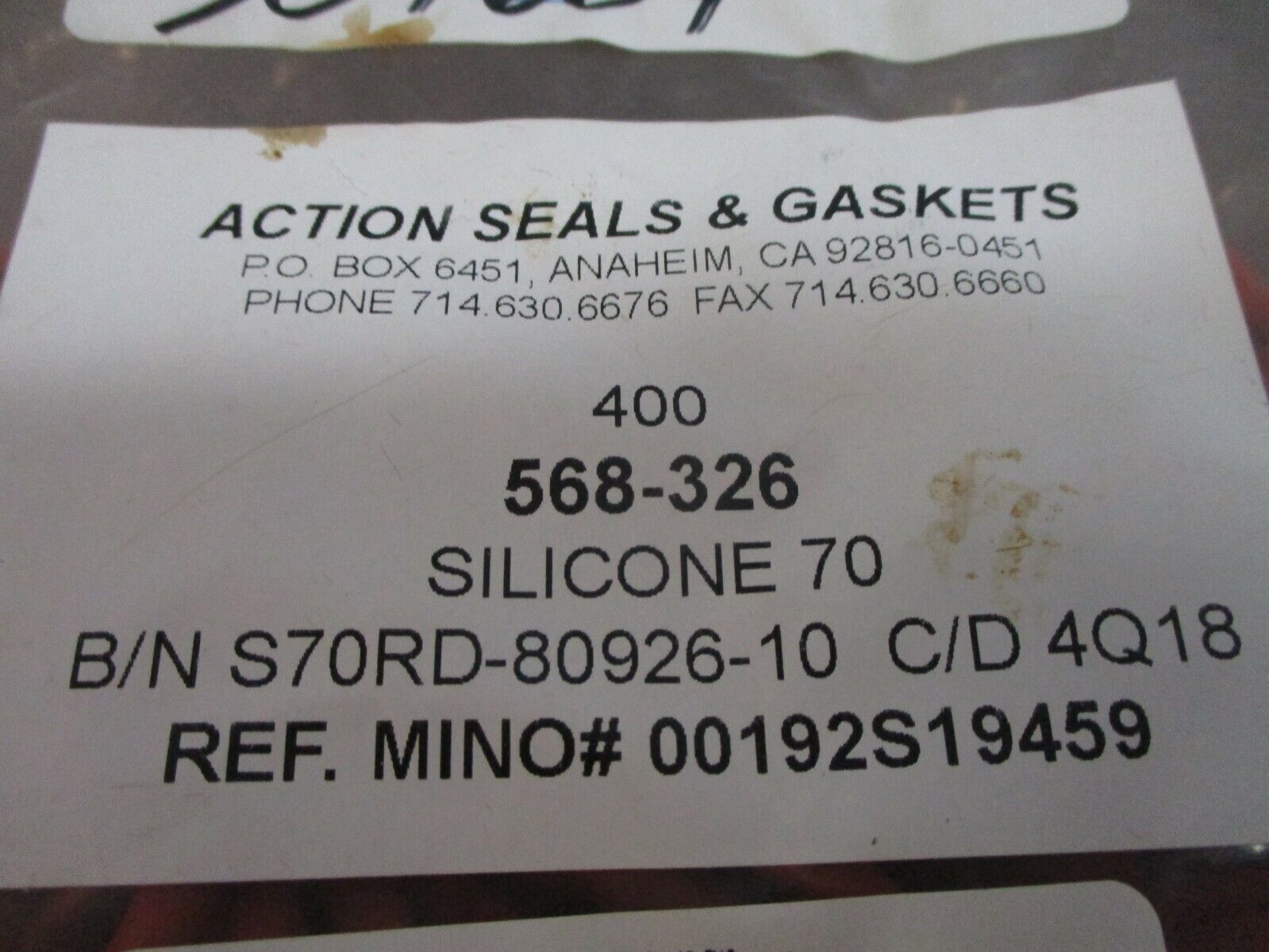 Action Seals & Gaskets Silicone 70 O-Ring 568-326 3.234" ID 3.512" OD