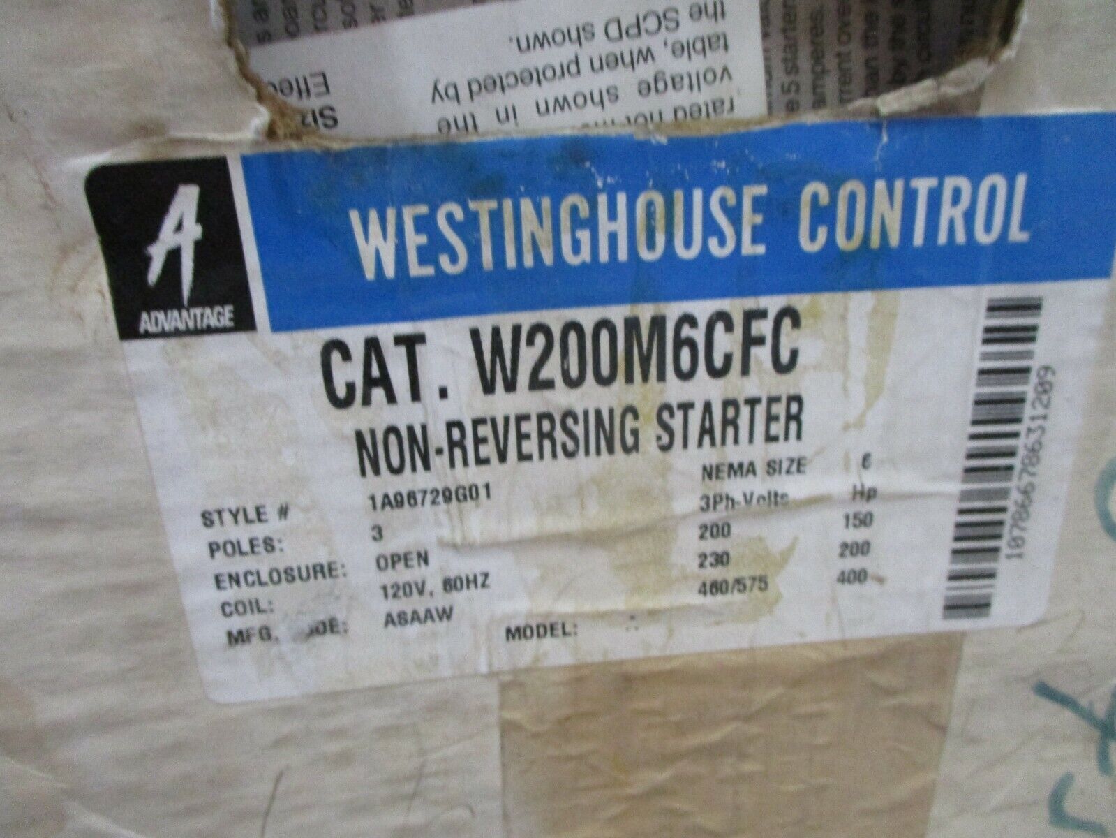 Westinghouse Advantage Size 6 Starter W200M6CFC 120V Coil 150-400HP 200-575V 3Ph