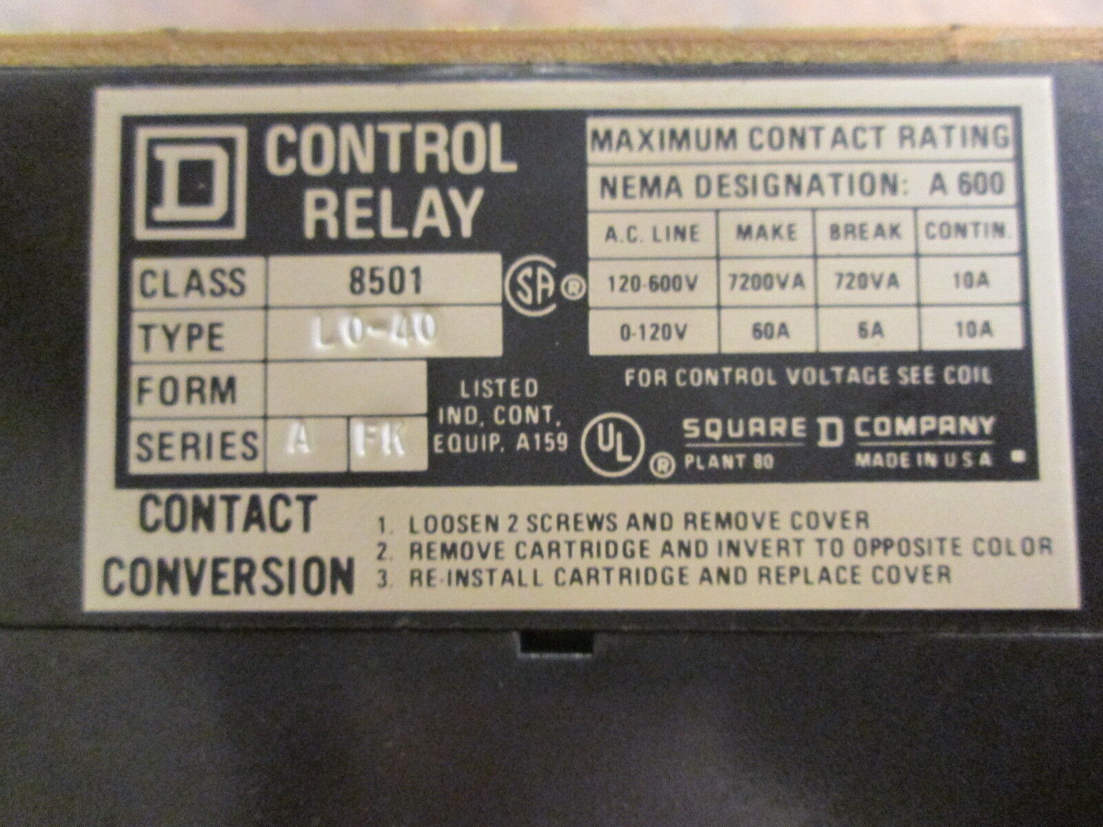 Square D Timing Relay 8501 L0-40 / 8501 LT 120V Coil Used