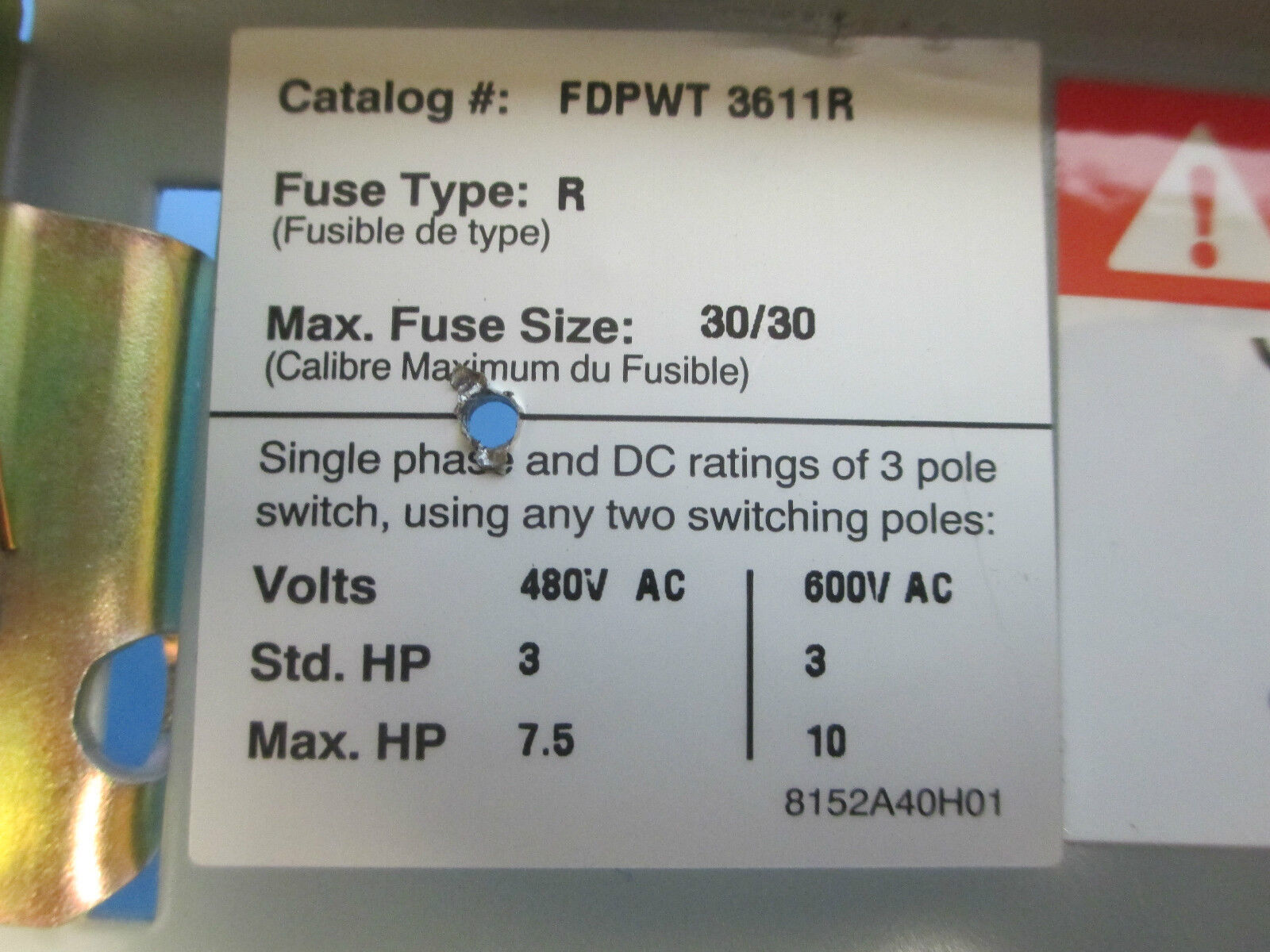 Cutler-Hammer Panel Board Switch FDPWT 3611R 30A 600V Twin Switch Used