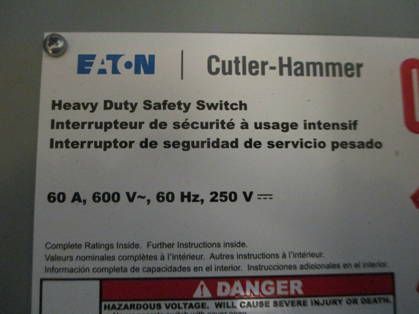 Cutler-Hammer Safety Switch DH362UGKN 60A 600V 4W Non-Fusible New Surplus