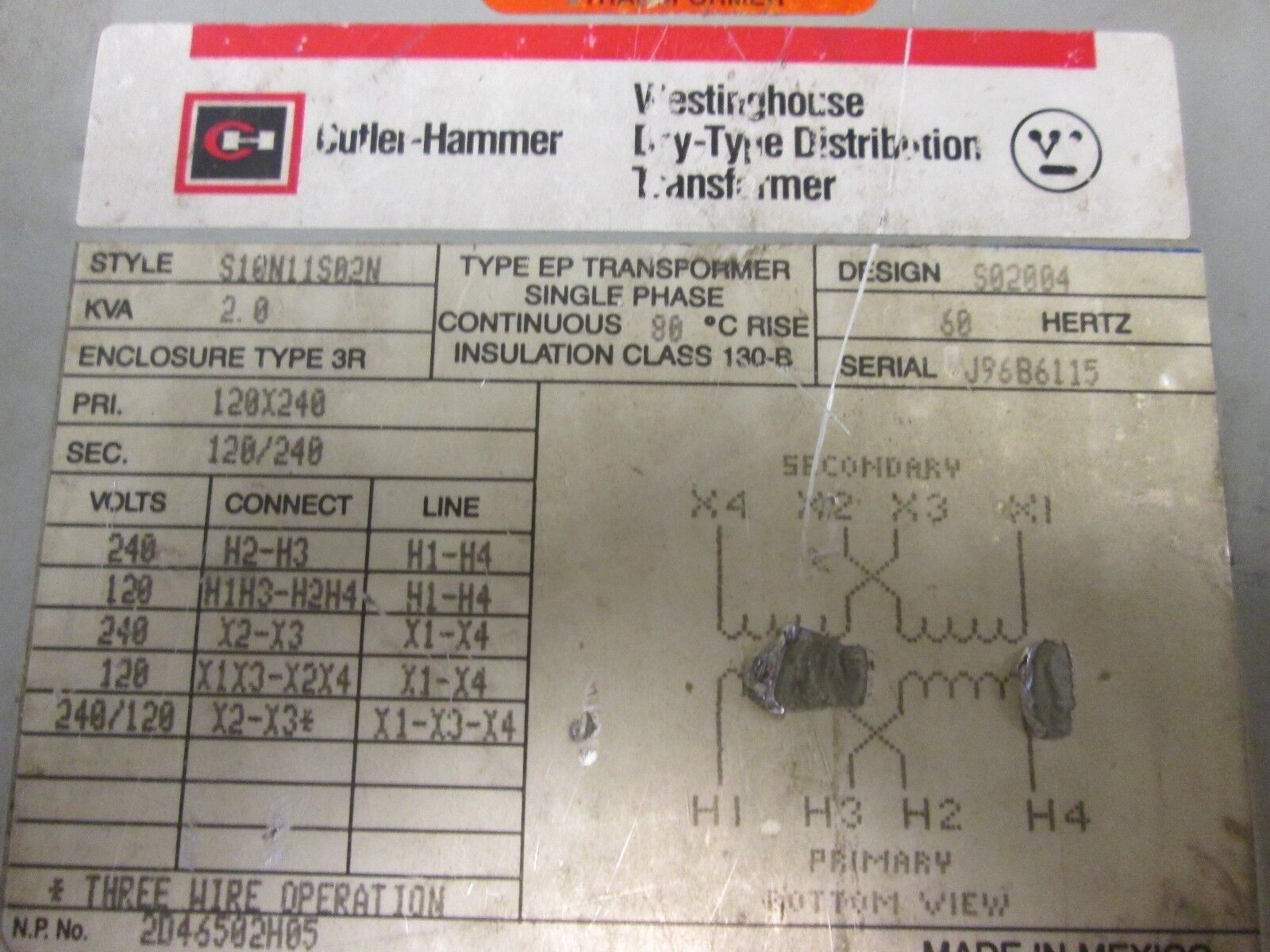 Cutler-Hammer Dry-Type Distribution Transformer S10N11S02N 2KVA Used