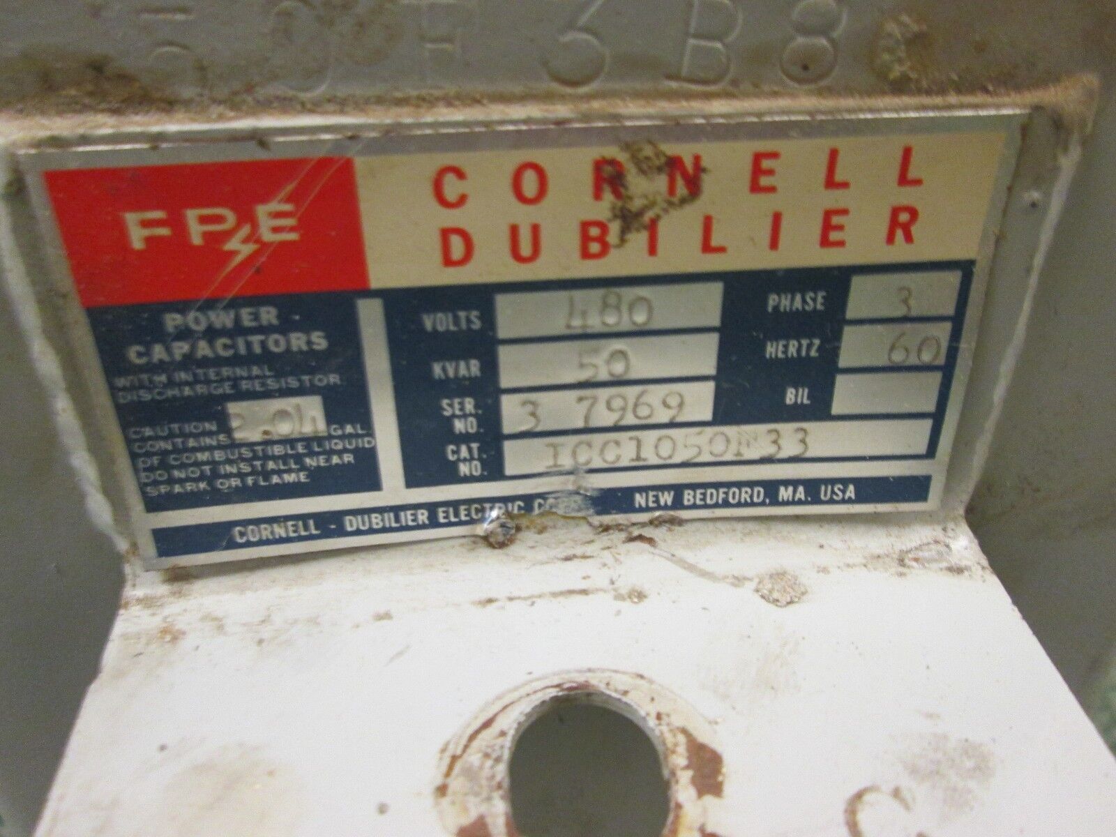 FPE / Cornell Dubilier Power Capacitor ICC1050F33 480V 50KVAR 3Ph 60Hz Used