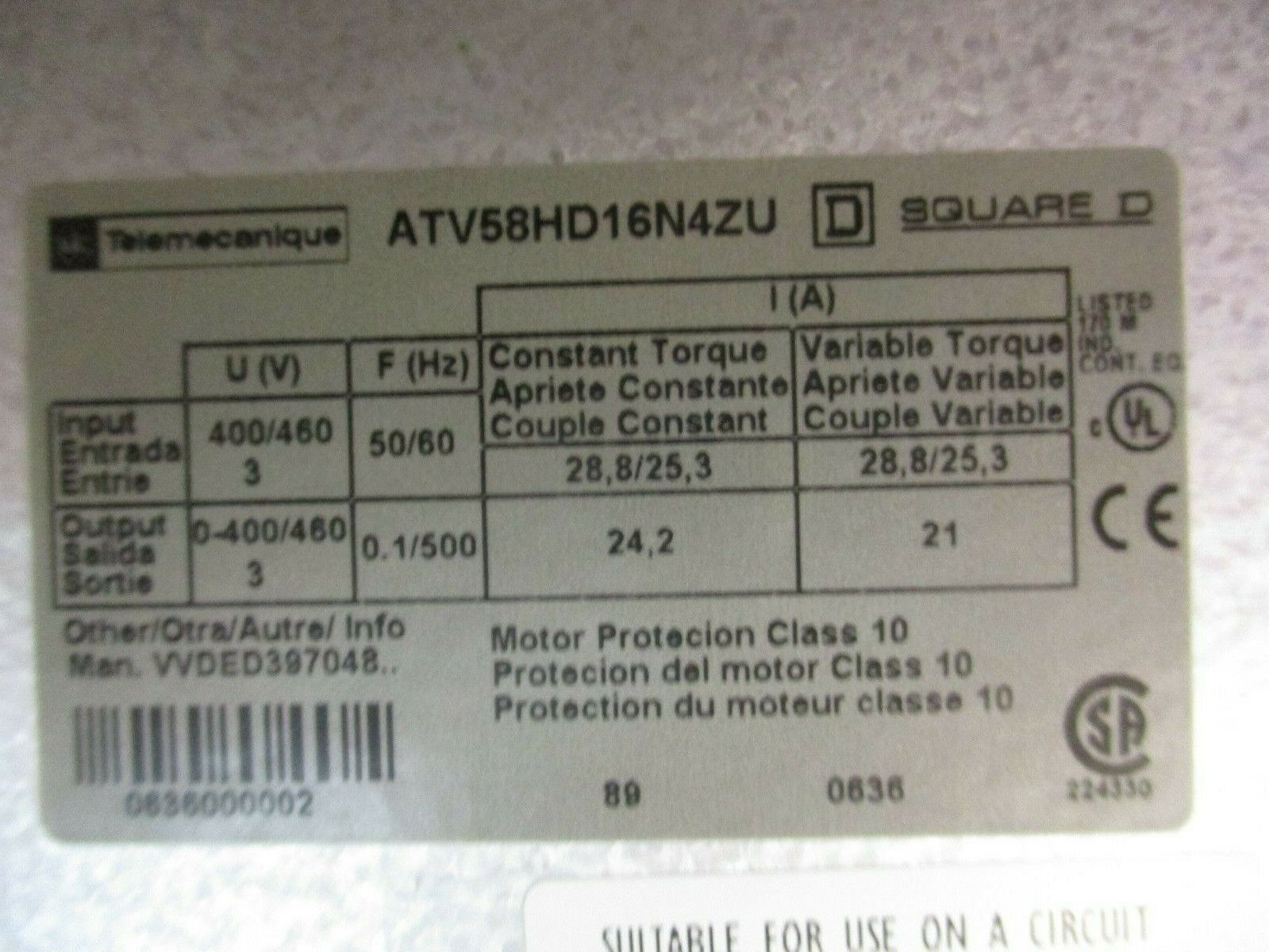 Square D Altivar 58 AC Drive ATV58HD16N4ZU 15HP *No Keypad* Used