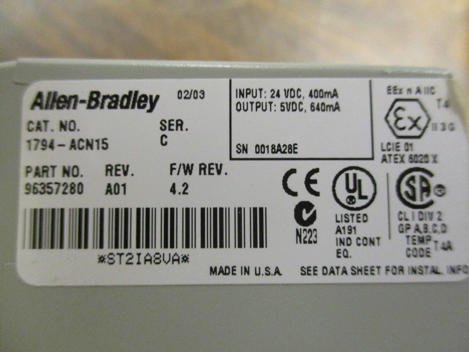 Allen-Bradley Flex I/O ControlNet Adapter 1794-ACN15 Rev A01 F/W Rev: 4.2 Used