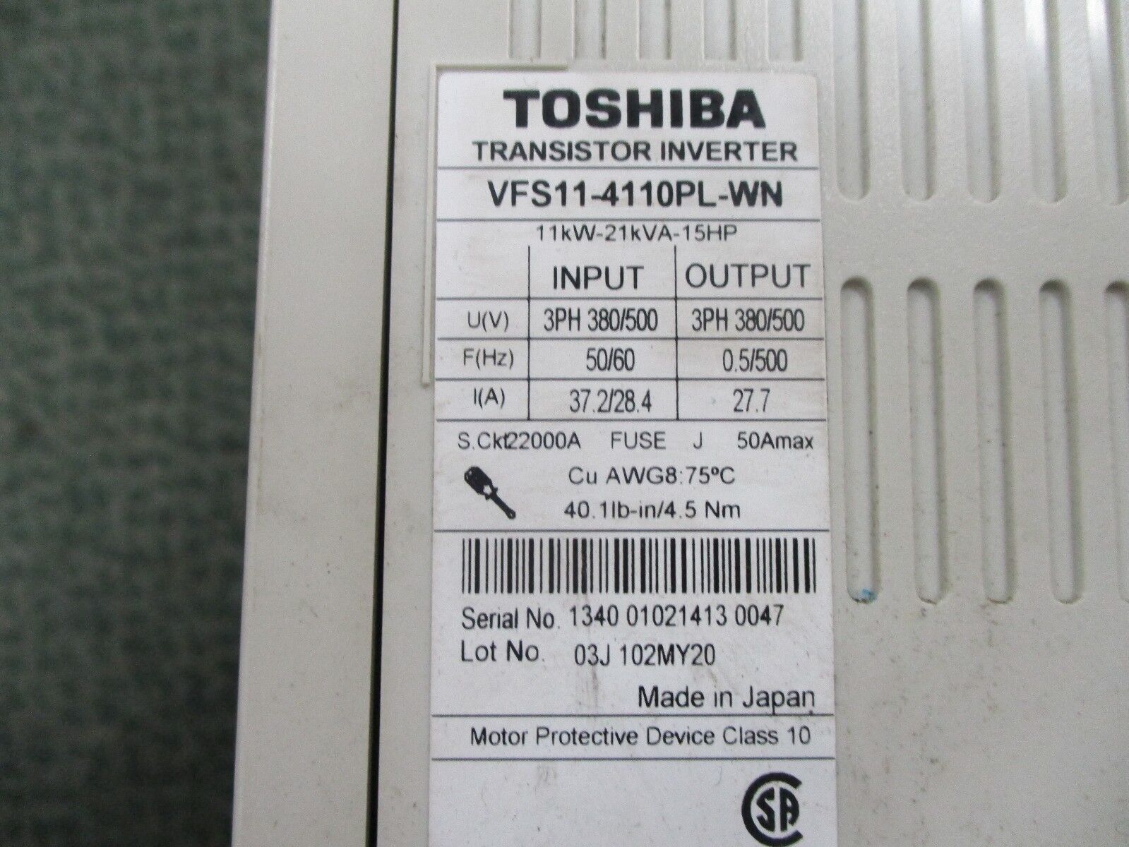 Toshiba AC Drive VFS11-4110PL-WN 15HP 3Ph Inputs: 380/500V, 50/60Hz, 37.2/28.4A