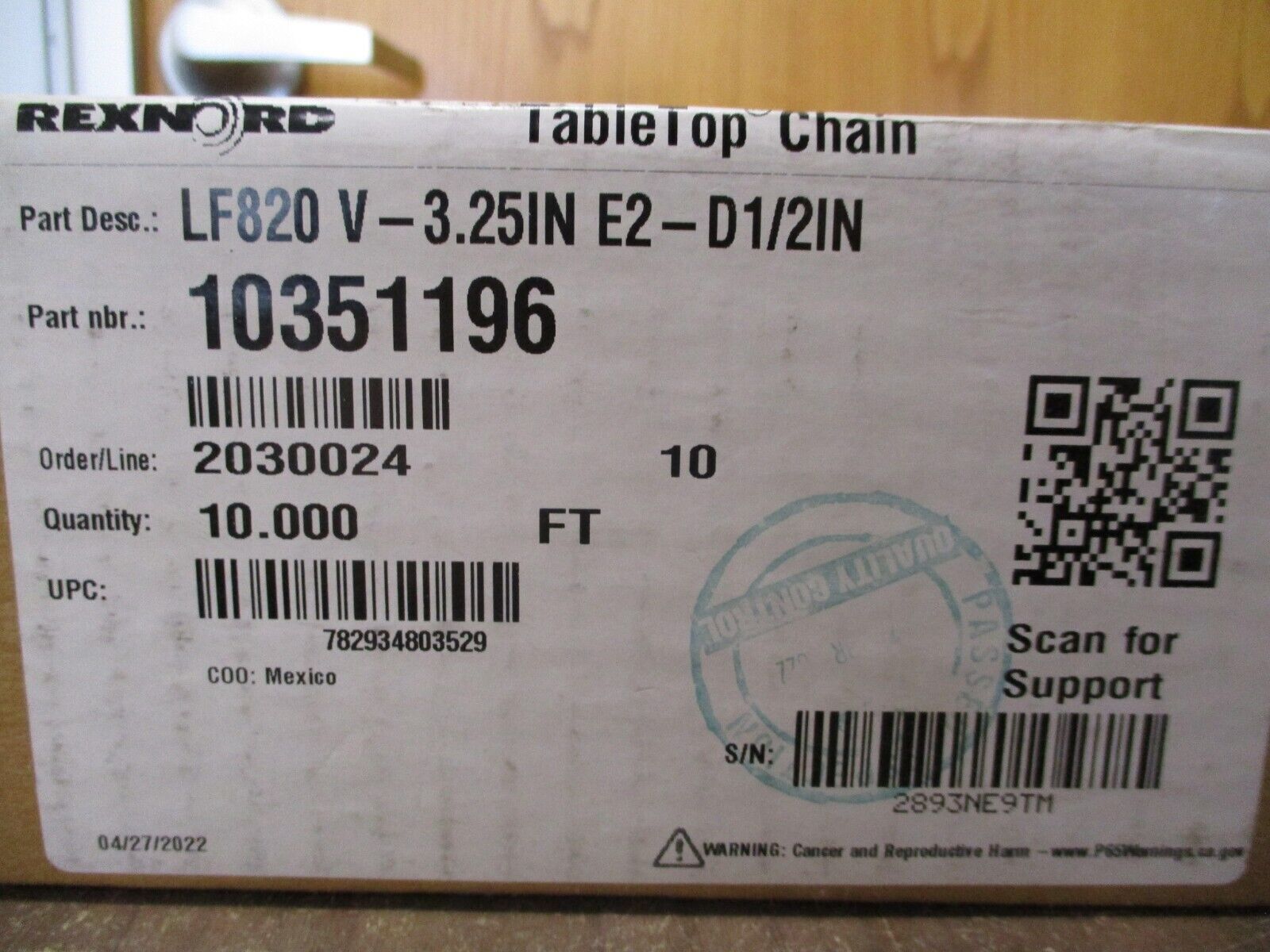 Rexnord Tabletop Chain 10351196 LF820 V-3.25IN E2-D1/2IN Length: 10FT