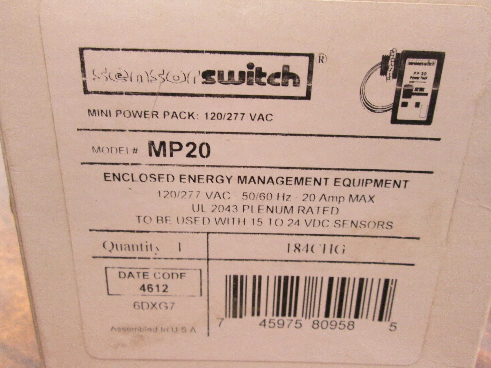 Sensor Switch Mini Power Pack MP20 120/277VAC 50/60Hz 20A Plenum Rated New Surpl