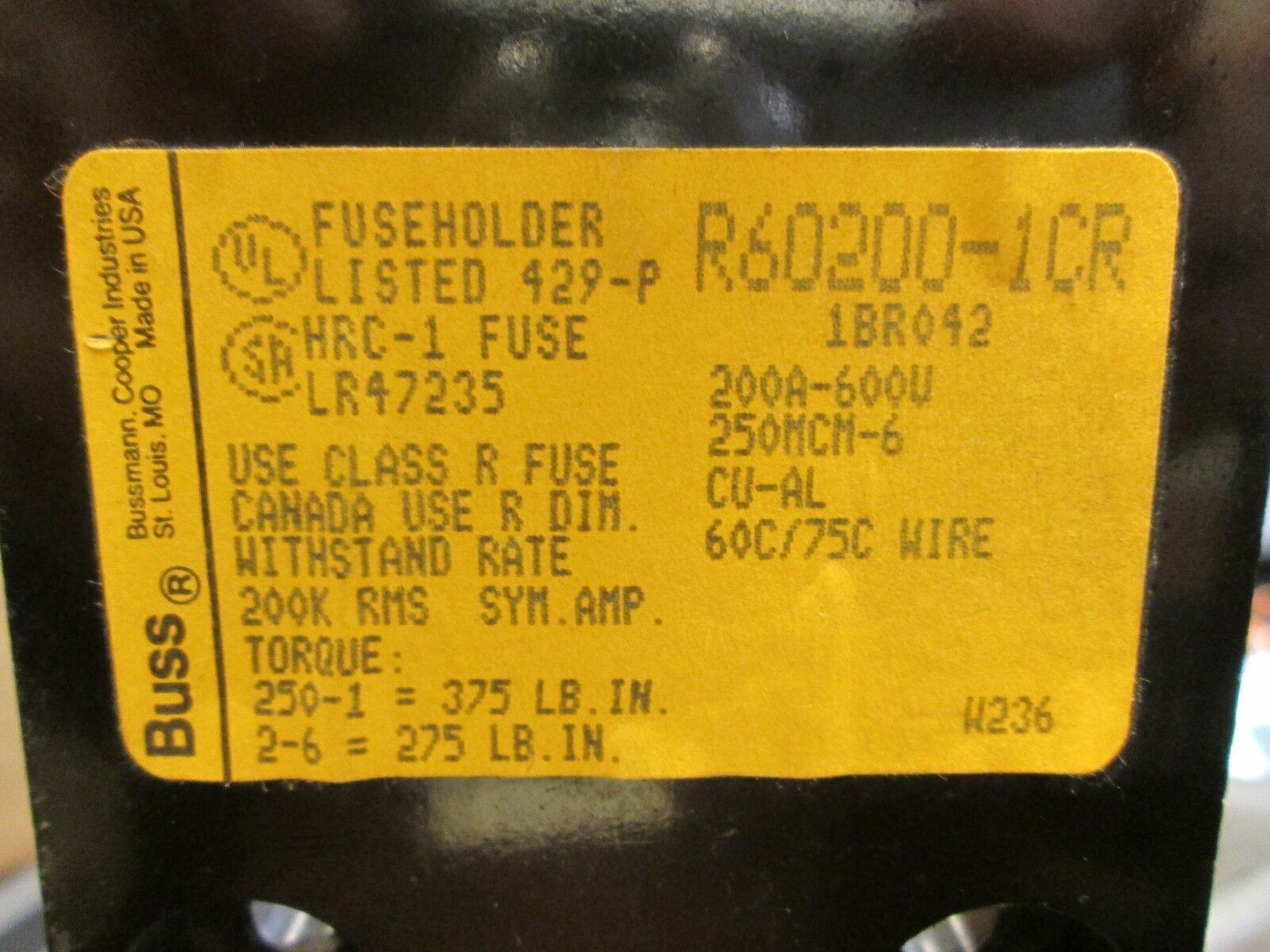 Bussmann Fuse Holder R60200-1CR 200A 600V 1P Used