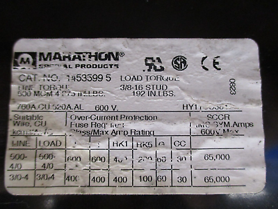 Marathon Power Distribution Block 1453599 5 760A 600V 3P Used
