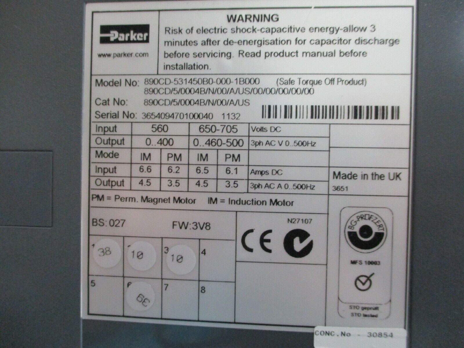 Parker Common DC Bus Drive 890CD/5/0004B/N/00/A/US FW: 3V8 Used