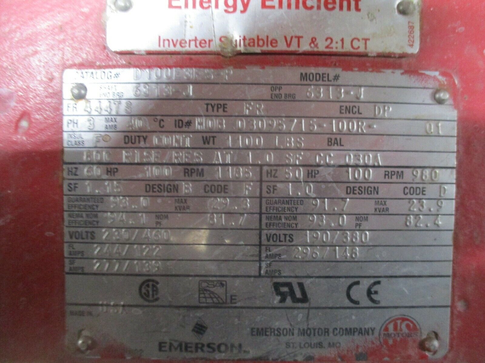 Emerson AC Motor D100E3ES-P 100HP 1200RPM 230/460V 244/122A 444TS Frame Used
