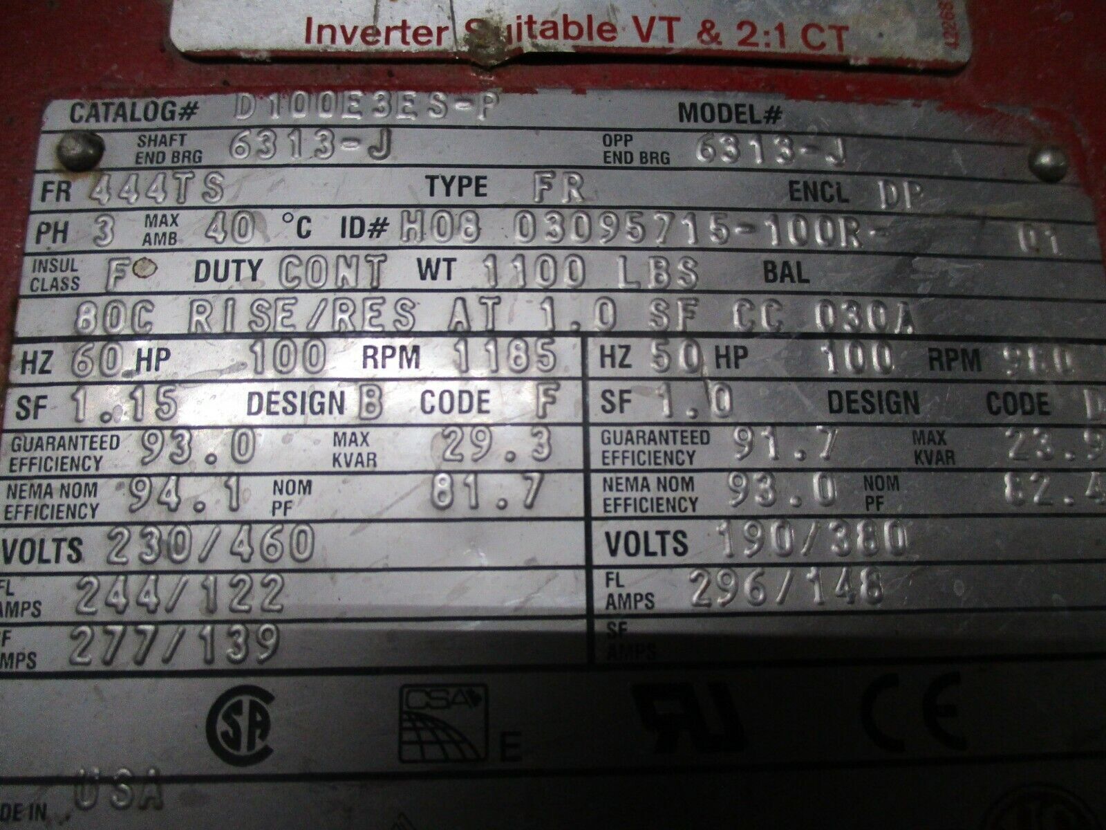 Emerson AC Motor D100E3ES-P 100HP 1200RPM 230/460V 244/122A 444TS Frame Used