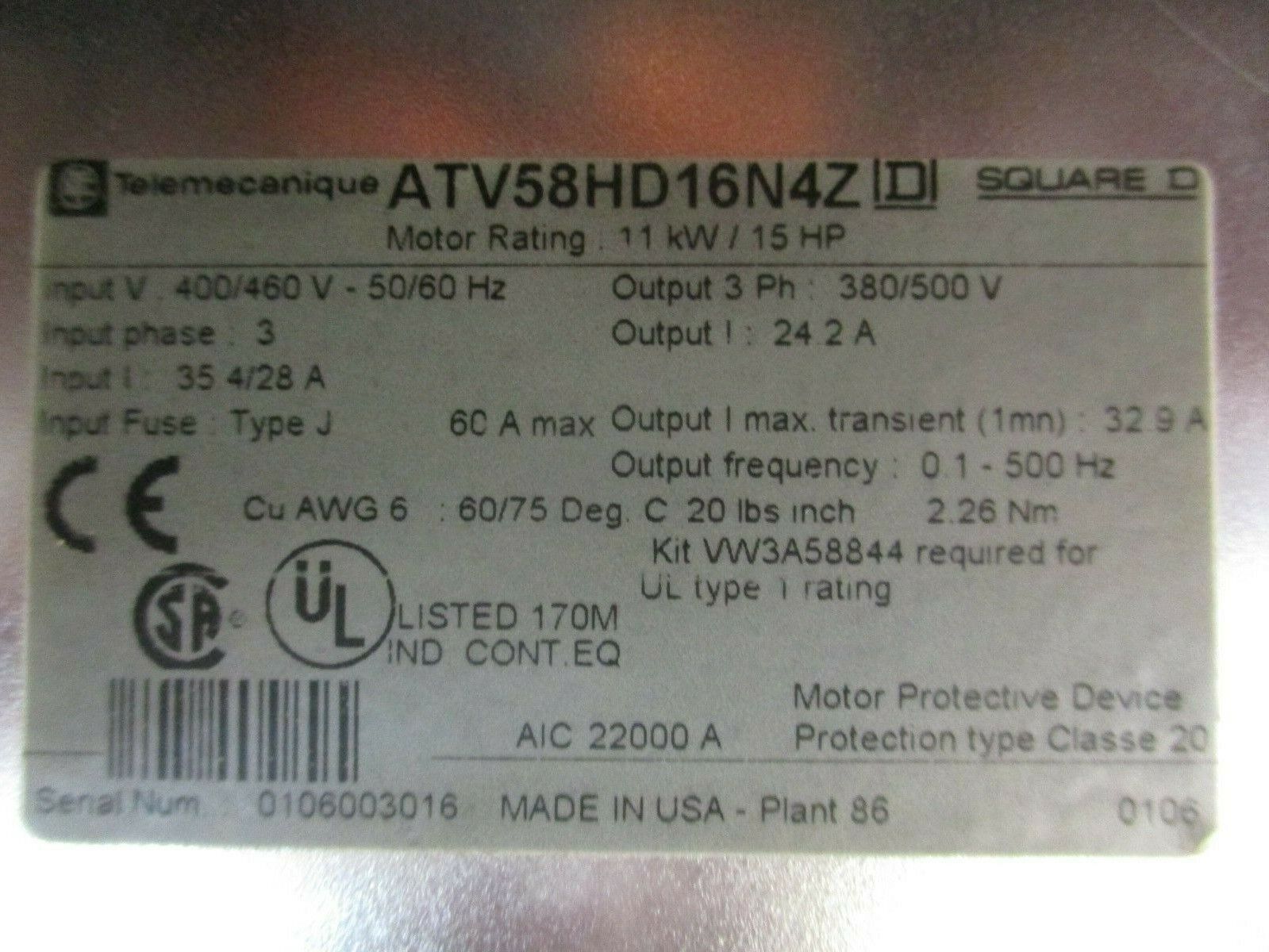 Square D Altivar 58 AC Drive ATV58HD16N4Z 15HP w/ VW3A58202 I/O Card *No Keypad*