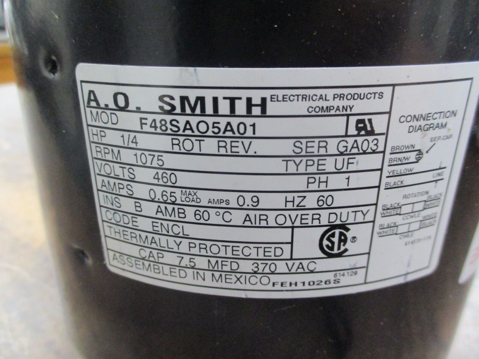 A.O. Smith AC Motor F48SAO501 1/4HP 1075RPM 460V 0.65-0.9A 60Hz 1Ph Used