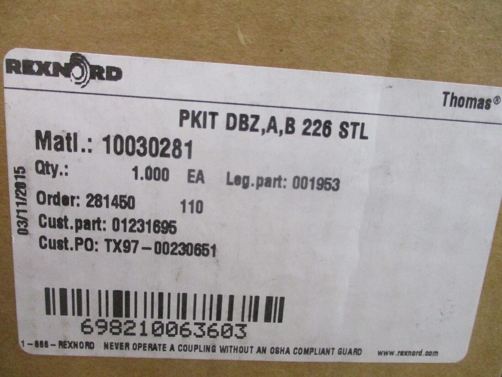 Rexnord Bolt Kit 10030281 New Surplus