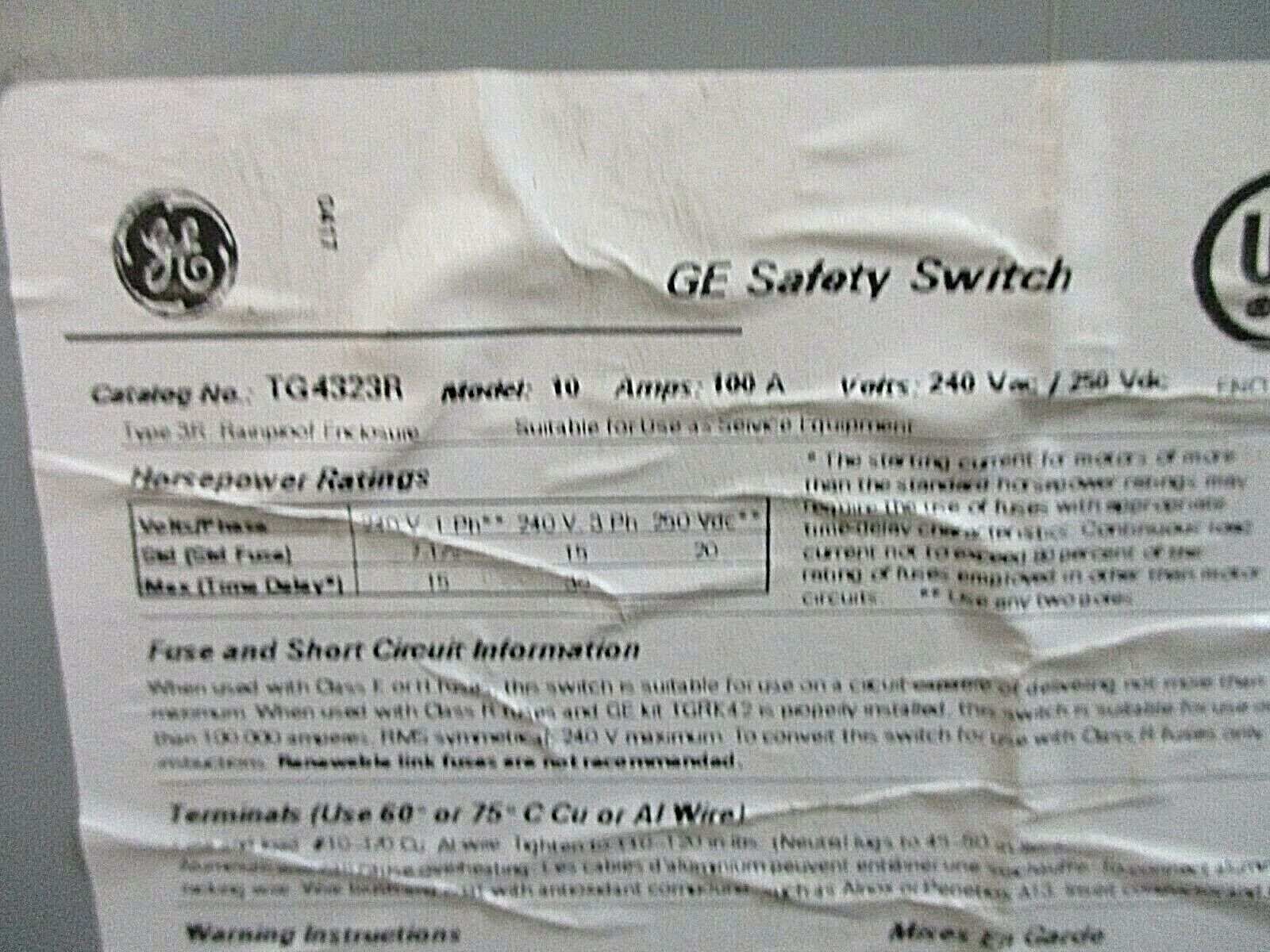 GE Fusible 3R Safety Switch TG4323R 100A 208Y/120VAC 240VAC 250VDC 3P 4W Used