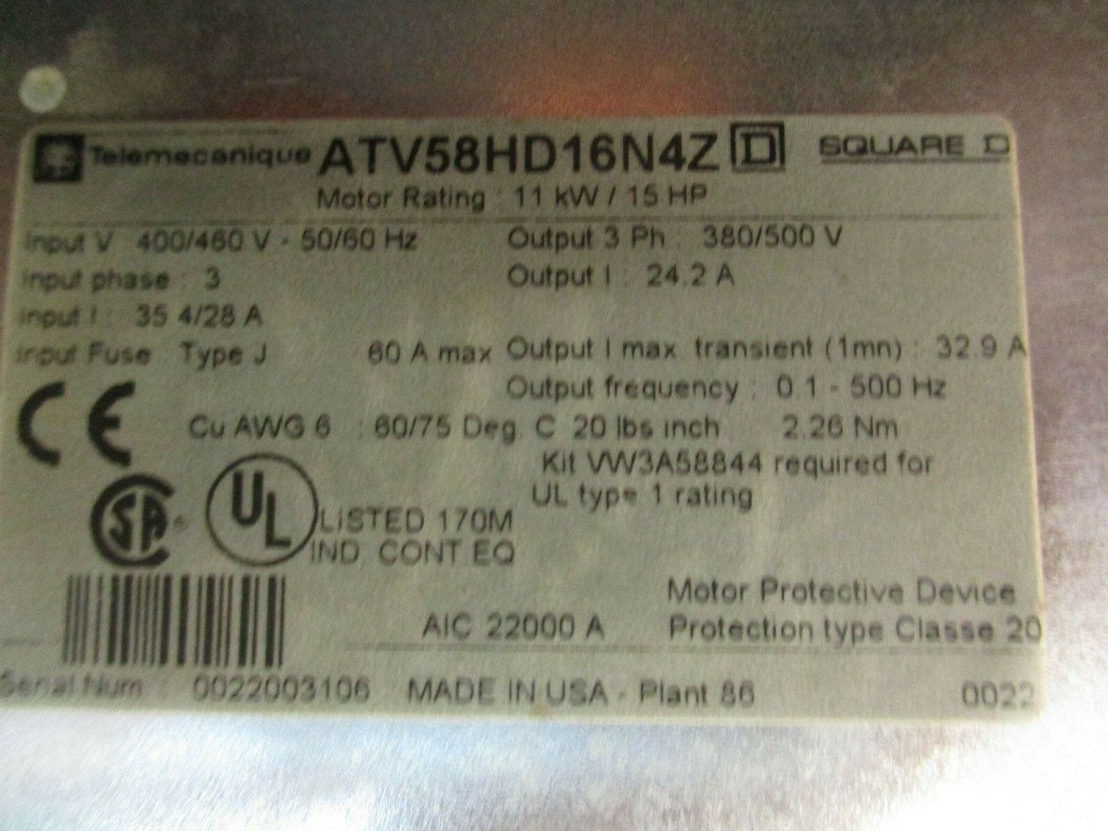 Square D Altivar 58 AC Drive ATV58HD16N4Z 15HP *No Keypad* *No Back Cover* Used