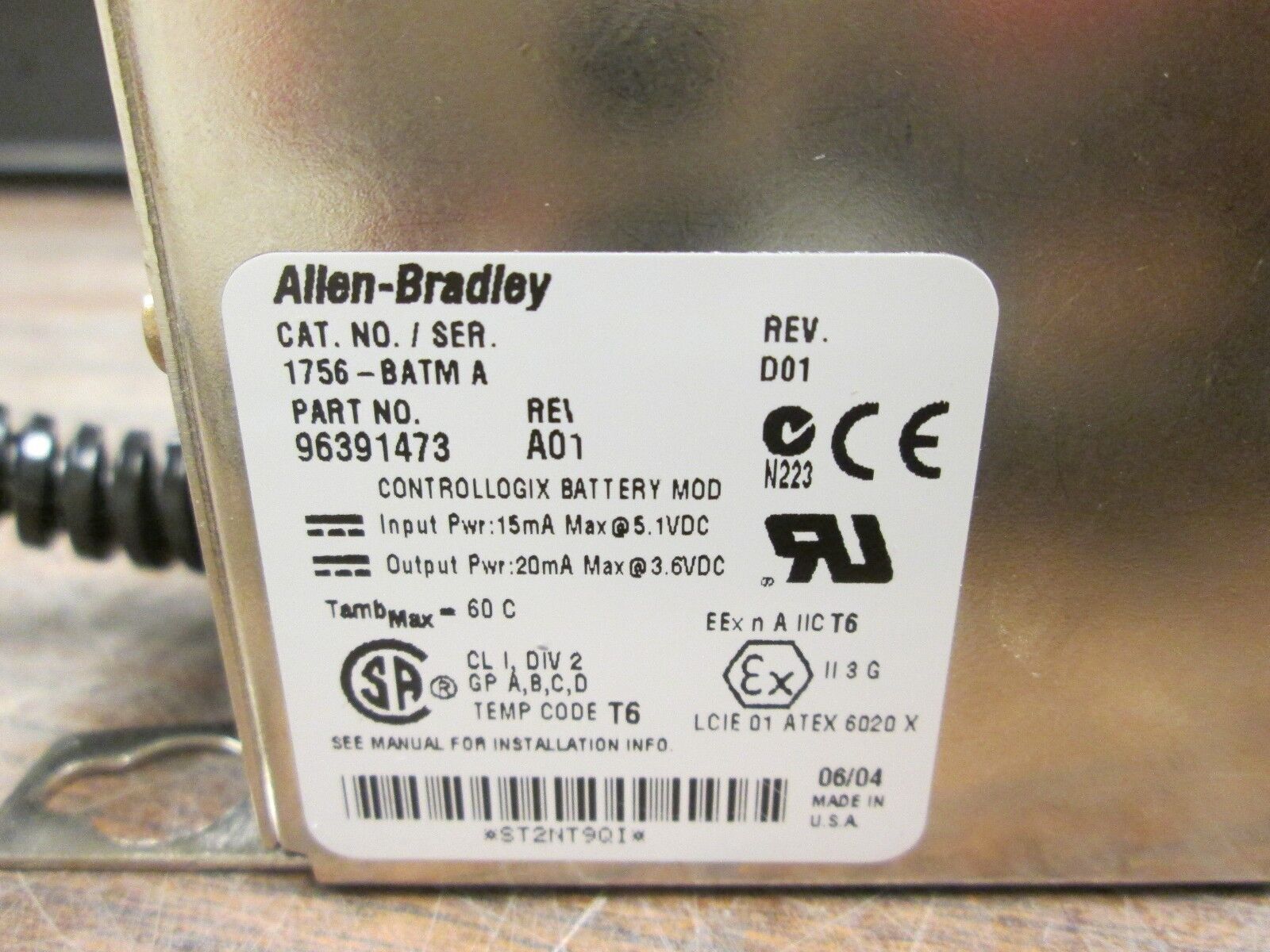 Allen-Bradley Battery Module 1756-BATM In: 15mA @ 5.1VDC Out: 20mA @ 3.6VDC Used