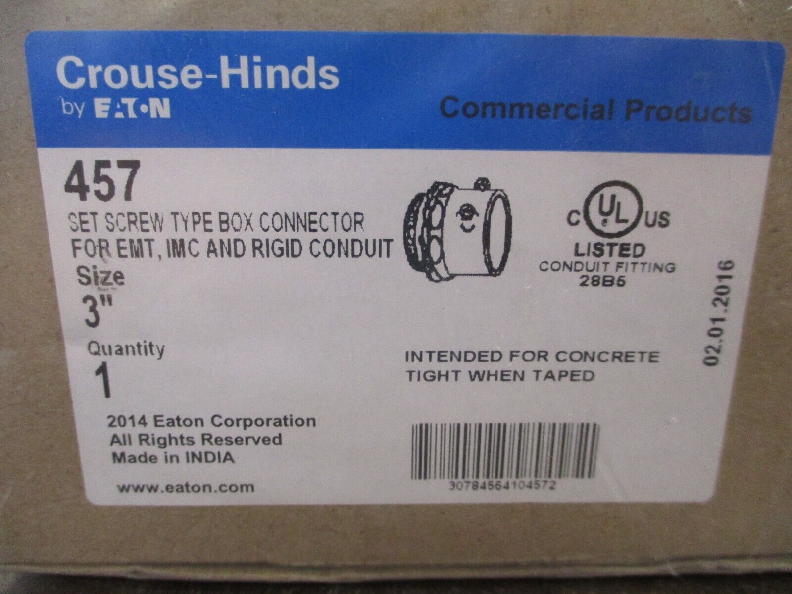 Eaton Crouse-Hinds Set Screw Box Connector 457 For EMT, IMC, Rigid Conduit 3"