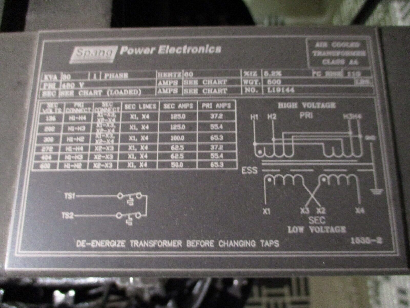 Spang Transformer w/ Breaker Disconnect L19144 30kVA 1Ph Pri: 480V Sec: 300/600V