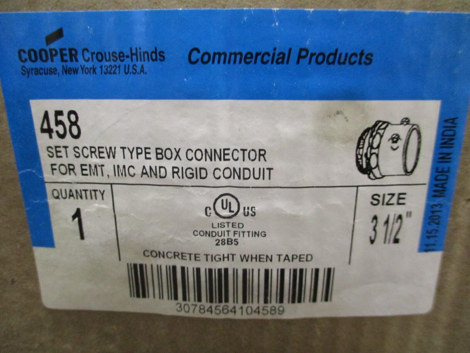 Cooper Crouse-Hinds Set Screw Box Connector 458 For EMT, IMC, Rigid Conduit