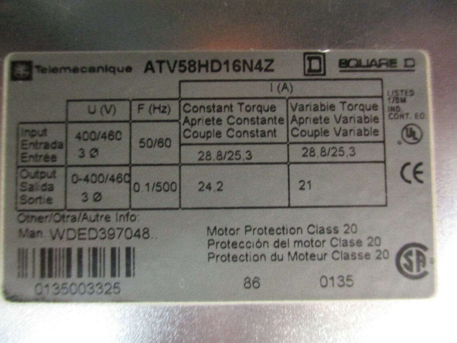 Square D Altivar 58 AC Drive ATV58HD16N4Z 15HP w/ VW3A58202 I/O Card *No Keypad*