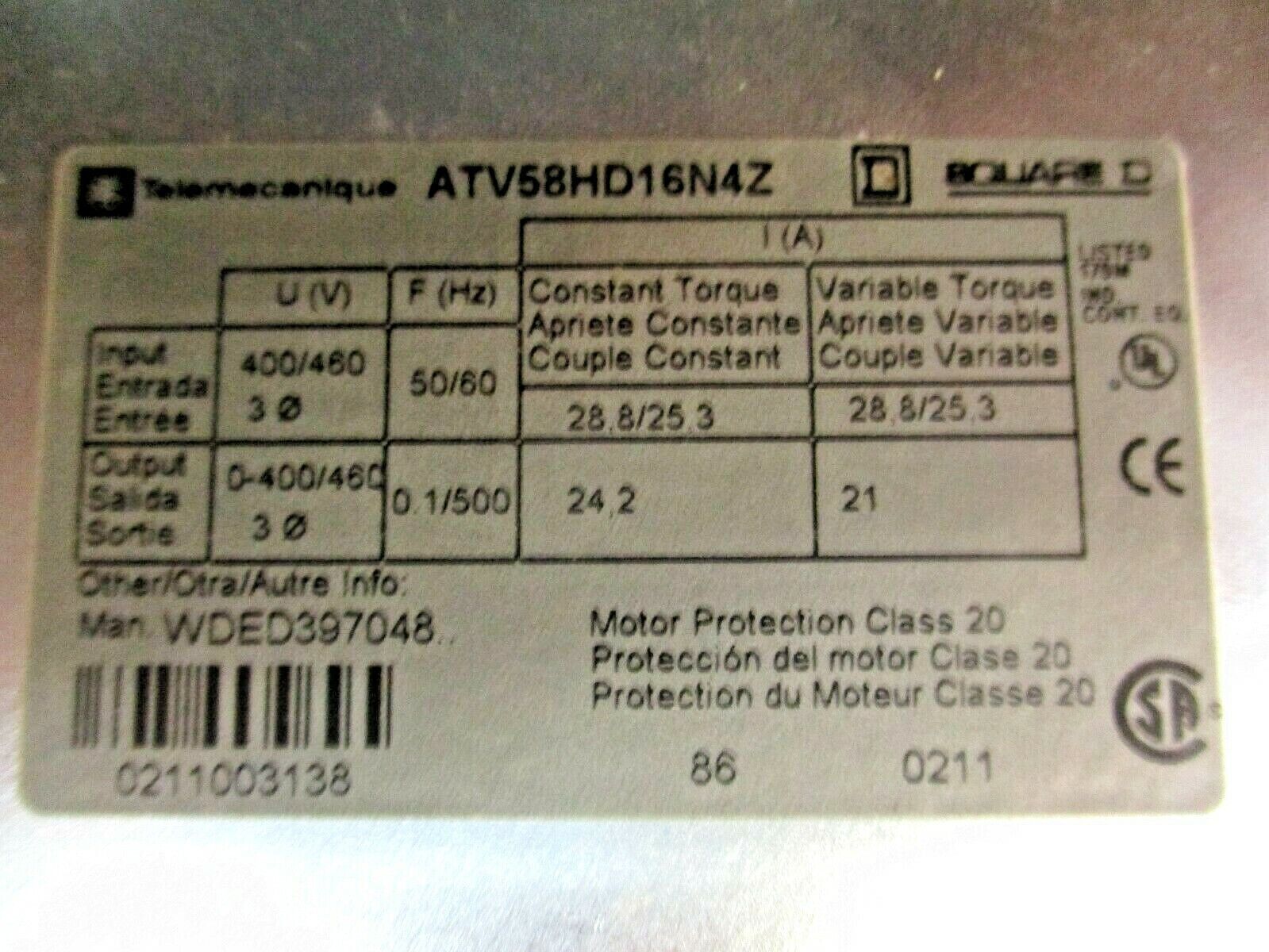 Square D Altivar 58 AC Drive ATV58HD16N4Z 15HP *No Keypad* Used